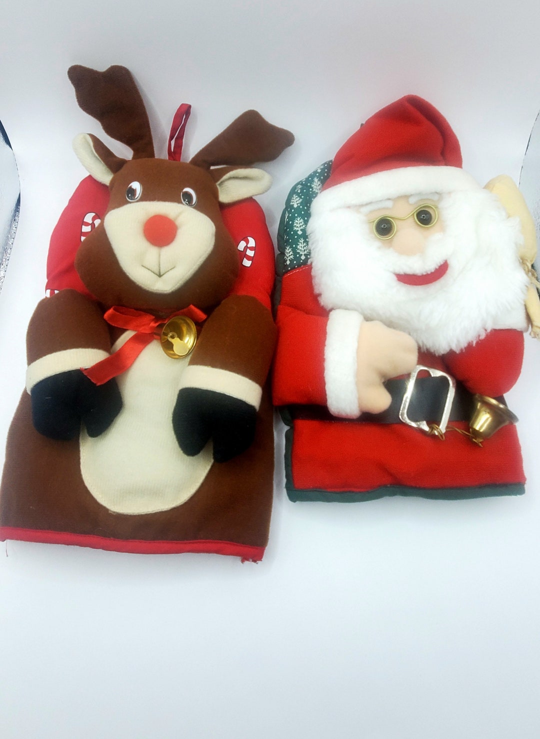 Vintage Santa Claus Reindeer Oven Mitts Pair Puppets Bag Lady Dolls