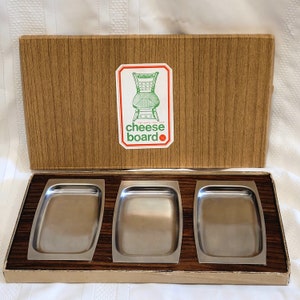 Vintage Cheese Tray Board Stainless Steel Wooden With Box MCM 13.5 x 7&quot;