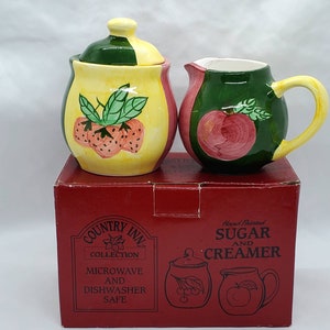 Vintage Country Inn Collection Sugar And Creamer Set Hand Painted Fruit With Box