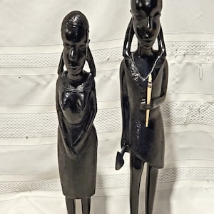 Vintage afrikanische ethnische Figuren Set von 2 Handgeschnitzten Hoch Massiv Ebenholz