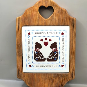 Vintage Wood Ceramic Tile Trivet Teddy Bears Friendship 8.5 x 5.25&quot;