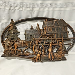Vintage Syroco Horse Drawn Sleigh Wall Hanging Coppercraft Guild Plastic MCM