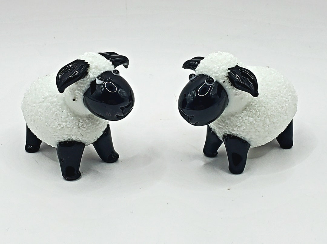Vintage Sheep Figurines Set of 2 Glass Miniature Black White Etsy