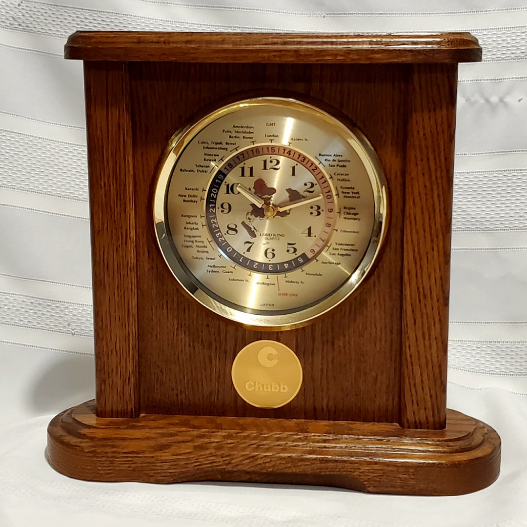 Vintage Lord King World Time Zone Mantel Clock Chubb Quartz Wooden Made