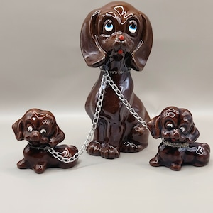 Vintage Dachshund Figurines Mother And Puppies On Chains Brown Made In Japan