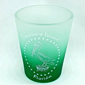Vintage Treasure Island Florida Shot Glass Pelican Green Ombre Frosted Glass