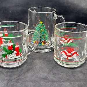 Vintage Christmas Coffee Mugs Set Of 3 Mixed Lot Glass Tree Stockings Bells