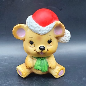 Vintage Teddy Bear In Santa Hat Ceramic Christmas Figurine Hand Painted Taiwan