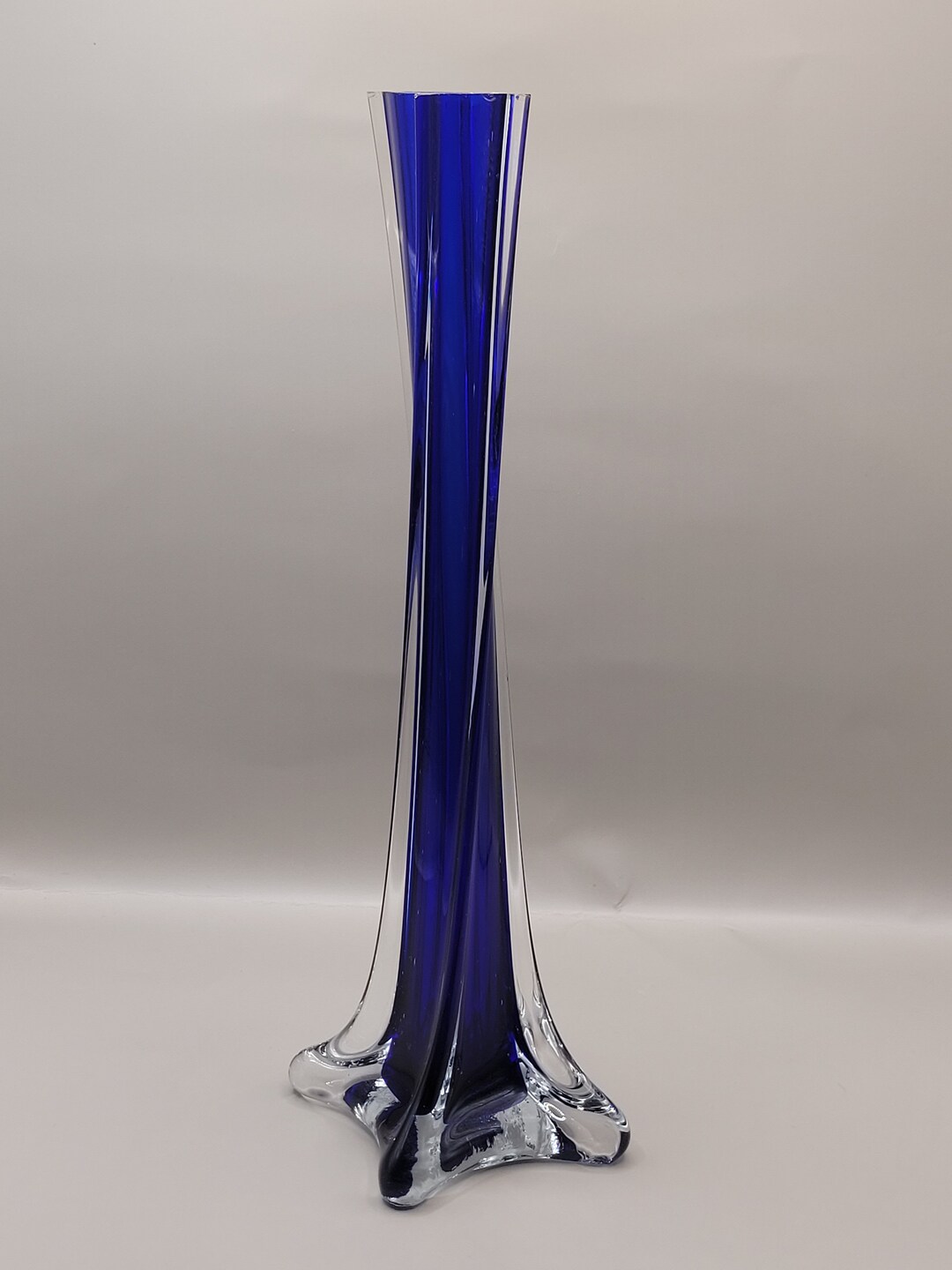 Vintage Cobalt Blue Bud Vase Art Glass Square Base 10 Tall Square Heavy