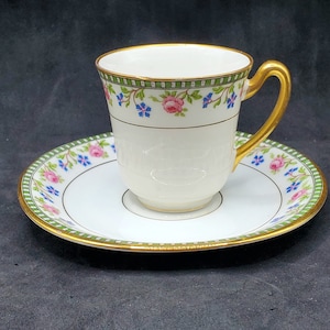 Vintage U.C. Limoges France Porcelain Demitasse Cup Saucer Painted Floral Gold Trim