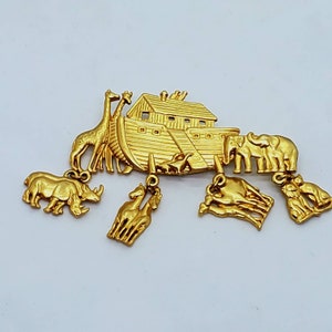 Vintage Noah es Ark Brosche Anstecknadel Gold Ton 3&quot;