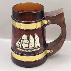 Vintage Siesta Ware Beer Mug Amber Glass Barkentine Ship Wood Handle Moncton NB