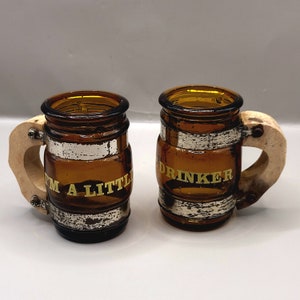 Vintage Pair Siestaware Shot Glasses &quot;I&#39;m A Little Drinker&quot; Amber Glass Barrell