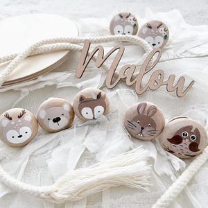 Könnte beinhalten: Holzknöpfe mit bemalten Tiergesichtern, darunter ein Reh, ein Bär, ein Fuchs, ein Kaninchen und eine Eule. Die Knöpfe sind auf einer weißen Oberfläche mit einem Holzschild angeordnet, auf dem "Malou" steht.