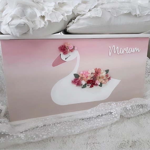XXL Chest on Rolls Swan Toy Box Wooden Box Memory Box Birth