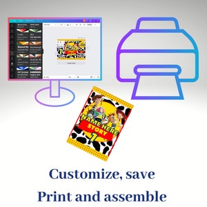 Puede incluir: Un dise&ntilde;o digital imprimible para una caja de favor de fiesta con personajes de la franquicia de pel&iacute;culas Toy Story. La caja es amarilla con un patr&oacute;n de vaca blanco y negro y presenta el texto "NAME HERE STORY 7".