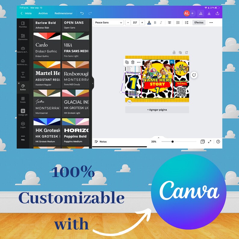 Puede incluir: Una plantilla de dise&ntilde;o gr&aacute;fico colorida para una caja de regalo de fiesta con una imagen de dibujos animados de Woody de la pel&iacute;cula Toy Story. La caja es amarilla con estampado de vaca blanco y negro y el texto "NAME HERE STORY" en una pancarta negra. El dise&ntilde;o es personalizable usando Canva.