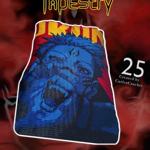 May include: A blue, red, and yellow crochet tapestry featuring a detailed image of a character's face. The tapestry is labeled "Crochet Sukuna Tapestry" with the number "25" and "Created by CurlsnCrochet".