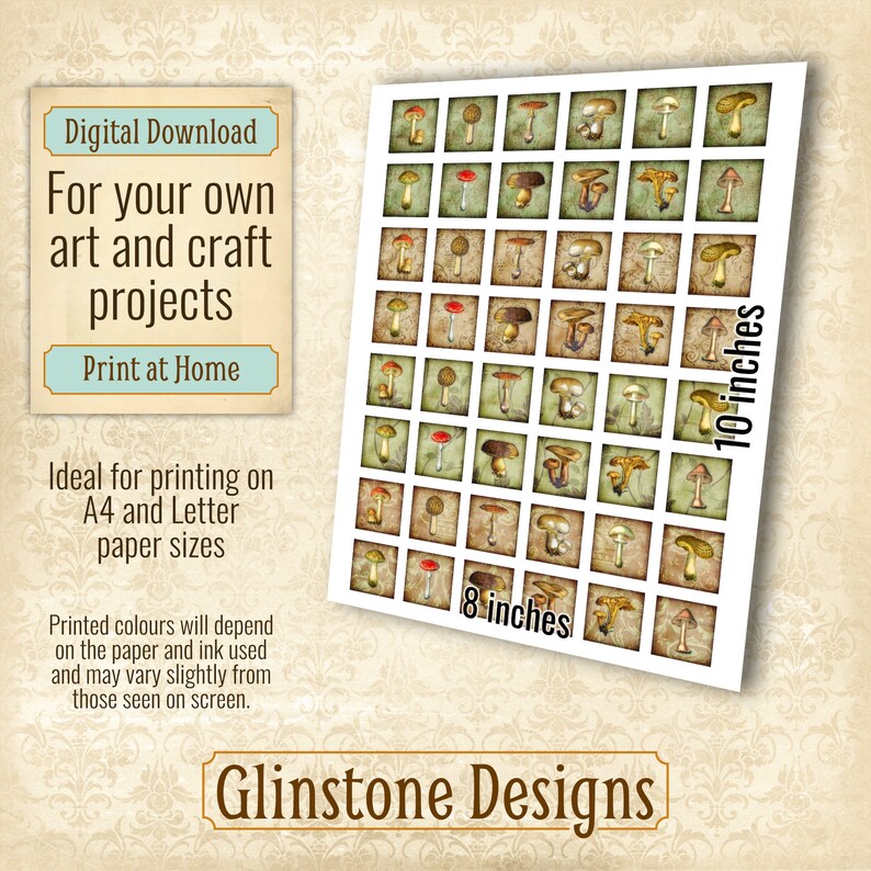 Buy Printable 1x1 Inch Squares Collage Sheet, Mushrooms, Vintage ...