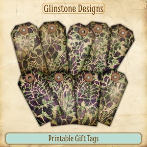 Printable Vintage-Style Gift Tags, Purple and Green Damask Pattern, Instant Digital Download, Print at Home