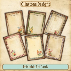 Printable Vintage-Style Art Cards, Old Paper Pages with Antique Flower Bouquet Illustrations, Damask Pattern, Download, Print at Home