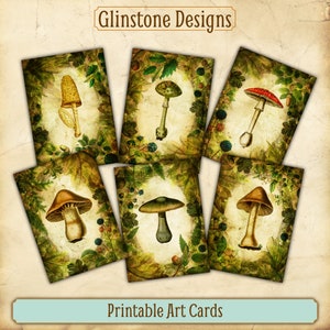 Cartes d'art imprimables, illustrations vintage de champignons avec une bordure de feuillage de forêt, champignons des bois, téléchargement numérique, impression à la maison