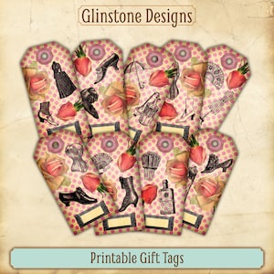 Printable Vintage-Style Gift Tags, Antique Rose and Fashion Illustrations on a Pink Polka Dot Background, Instant Download, Print at Home