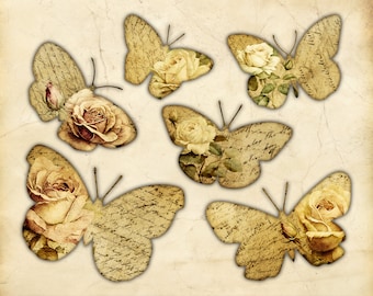 Printable Collage Sheet, Butterflies, Vintage Rose Illustrations, Junk Journal, Scrapbooking, Ephemera, Cut Out Embellishment, Print at Home