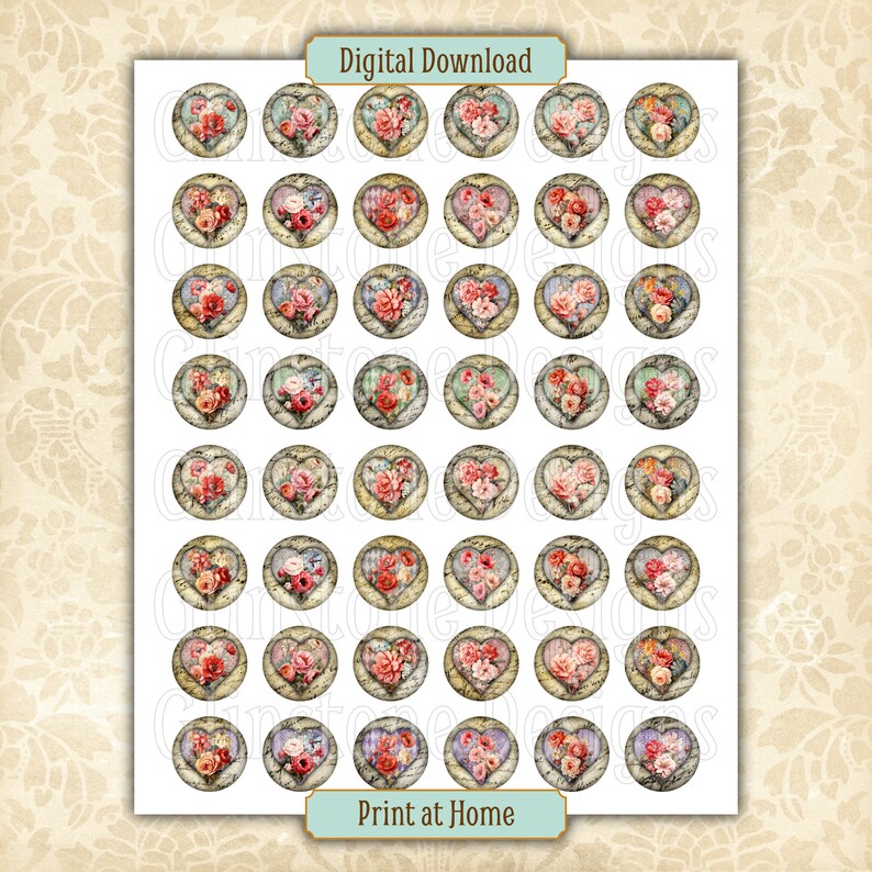 Printable 1 Inch Circles Collage Sheet, Hearts, Vintage-style Flowers ...