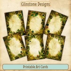 Cartes d'art imprimables de style vintage, conception de haie de forêt avec une illustration de cadre antique, région boisée, téléchargement immédiat, impression à la maison