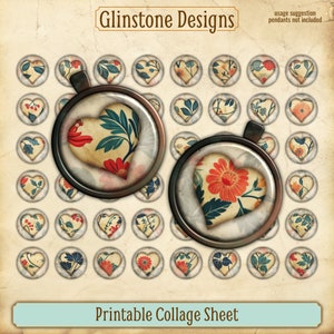 May include: Printable collage sheet with 36 heart-shaped designs featuring floral patterns in shades of red, blue, and green on a cream background. The designs are arranged in a grid pattern. The text "Printable Collage Sheet" is at the bottom of the sheet.