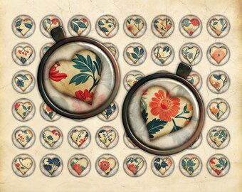 Printable 1 Inch Circles Collage Sheet, Hearts, Vintage-Style Floral Pattern, Flowers, Scrapbook Ephemera,  Embellishment, Bezel Insert