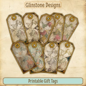 Printable Vintage-Style Gift Tags, Antique World Map Illustrations, Instant Digital Download, Print at Home