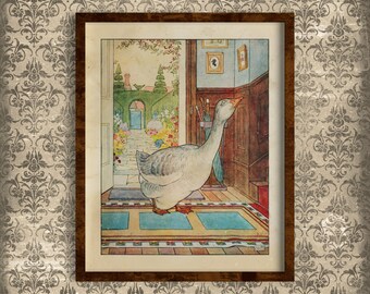 Printable Vintage Wall Art, Antique Children's Room Decor, Reproduction Vintage Illustration, Nursery Rhyme Art Wall Hanging, Goosey Gander