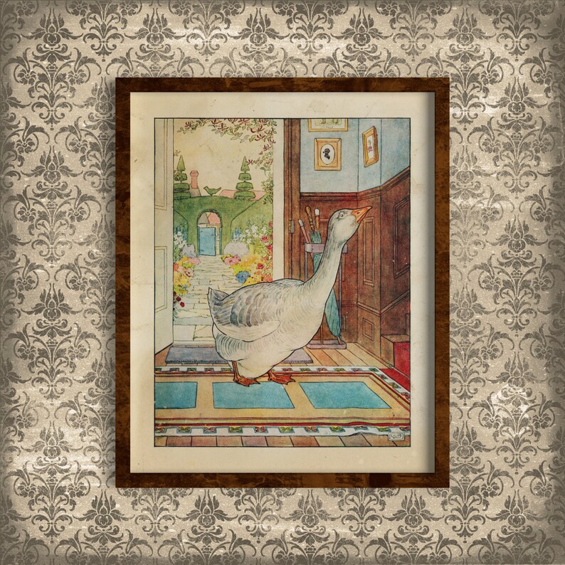 May include: A vintage illustration of a white goose with a long neck standing in a hallway with a patterned floor. The goose is looking to the right of the image. The hallway has a door on the left and a window on the right. The illustration is framed in a brown wooden frame.