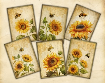 Printable Art Cards, Vintage-Style Sunflower and Bee Illustrations, ATC, Ephemera, Scrapbooking, Junk Journaling, Card Making, Paper Craft