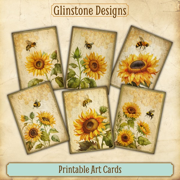 Printable Art Cards, Vintage-Style Sunflower and Bee Illustrations, ATC, Ephemera, Scrapbooking, Junk Journaling, Card Making, Paper Craft