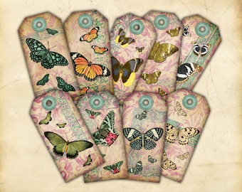 Printable Gift Tags, Vintage Butterfly Illustrations on a Damask Background with Antique Frame Design, Insects, Download, Print at Home