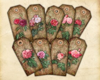 Printable Vintage-Style Gift Tags, Antique Rose Illustrations on a Damask Background, Botanical Gift Tags, Instant Download, Print at Home