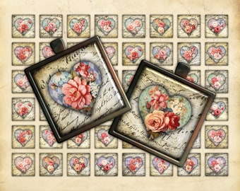 Printable 1x1 Inch Squares Collage Sheet, Hearts, Vintage-Style Flowers, Scrapbooking Ephemera, Journal Embellishment, Square Bezel Insert