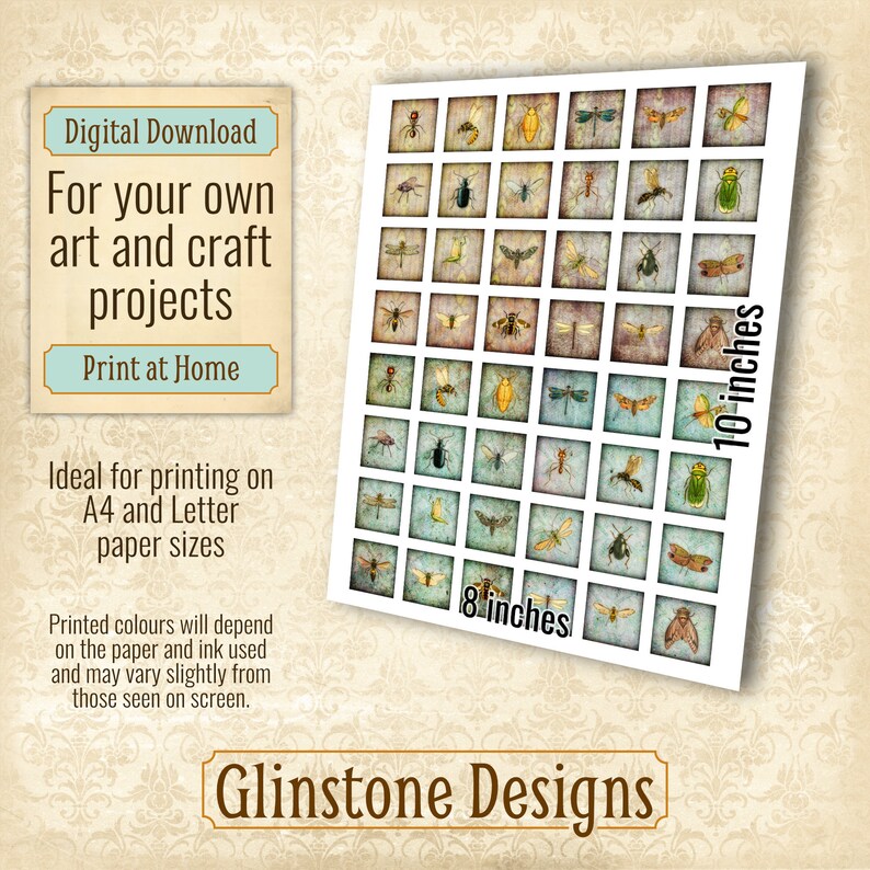 Printable 1x1 Inch Squares Collage Sheet, Insects, Vintage ...