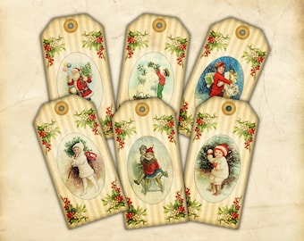 Printable Vintage-Style Christmas Gift Tags, Winter Scenes with a Holly and Mistletoe Border, Large Size Holiday Tags, Instant Download