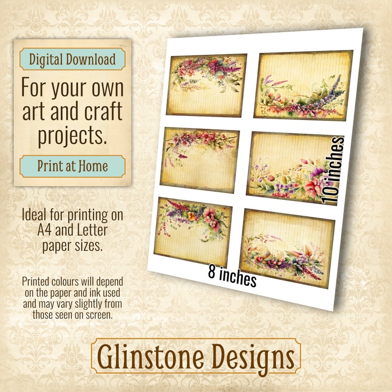 Printable Art Cards, Vintagestyle Flower Garland Illustrations, Lined