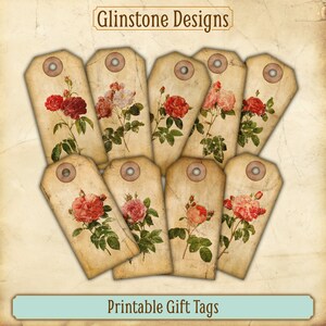 Printable Vintage-Style Gift Tags, Faded Antique Rose Illustrations on an Aged Paper Background, Botanical Gift Tags, Instant Download