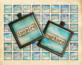 Printable 1 Inch Squares Collage Sheet, Inspirational Words, Sky, Clouds, Scrapbook Ephemera, Journal Embellishment, Cabochon Bezel Insert