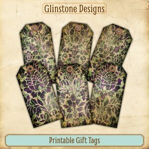 Printable Vintage-Style Gift Tags, Purple and Green Damask Pattern, Large Size Tags, Instant Digital Download