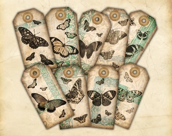 Printable Gift Tags, Vintage Butterfly Illustrations on a Sepia Background with Turquoise Frame, Insects, Instant Download, Print at Home
