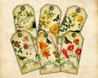 Printable Gift Tags, Vintage Butterfly and Flower Illustrations with an Antique Frame Design, Botanical, Large Tags, Instant Download