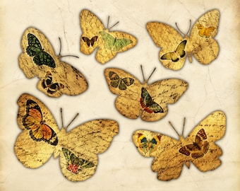 Printable Collage Sheet, Vintage Butterfly Illustrations, Embellishments, Scrapbooking, Junk Journaling, Ephemera, Download, Print at Home