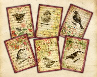 Printable Art Cards, Vintage-Style Songbird Illustrations, Sheet Music, Distressed Pattern, ATC, Scrapbooking, Junk Journaling, Card Making